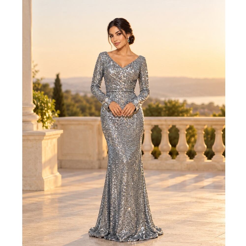 La Femme 26331 Charcoal Sequin Beaded V Neck Long Sleeve Formal Gown Size 6 NWT